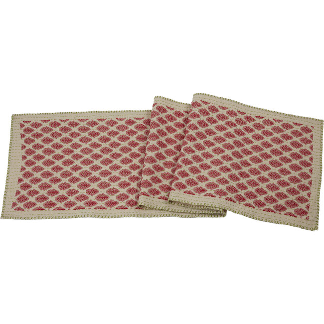 Artisan Hand Loomed Cotton Table Runner, Red with Green Stitching - Tabletop - 1