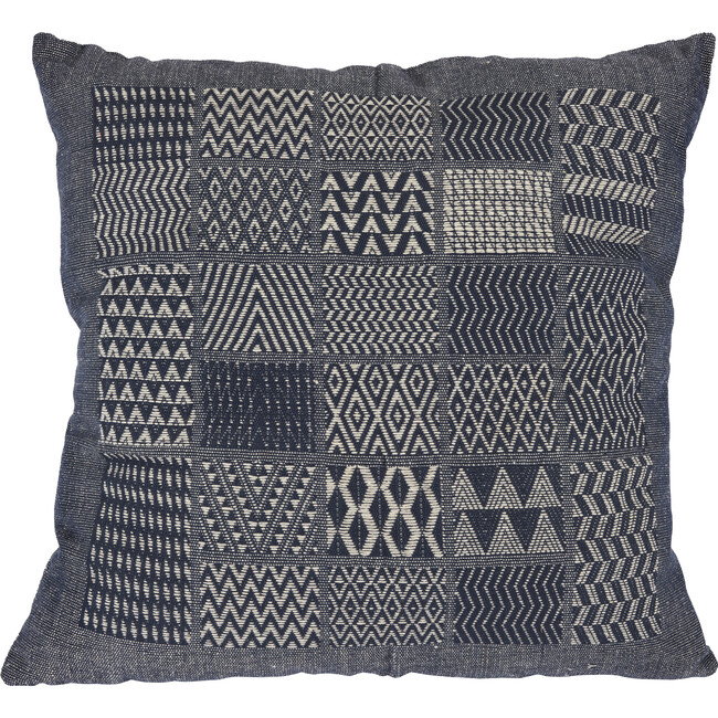 Artisan Hand Loomed Cotton Square Pillow, Indigo Blocks