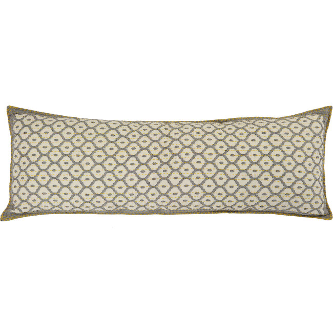 Artisan Hand Loomed Cotton Lumbar Pillow, Gray with Yellow Stitching