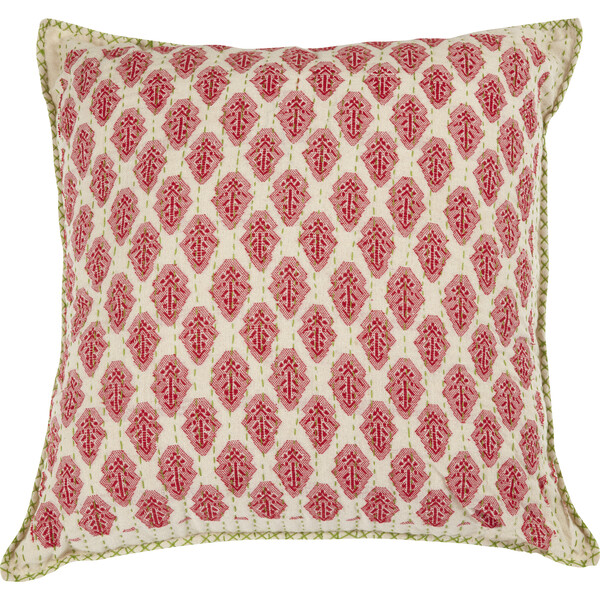 Artisan Hand Loomed Cotton Square Pillow, Red with Green Stitching ...