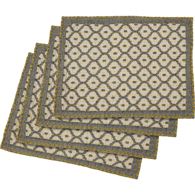 Artisan Hand Loomed Place Mat Set, Grey with Yellow Stitching