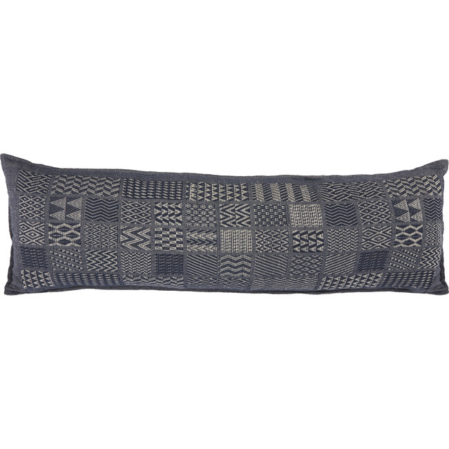 Artisan Hand Loomed Cotton Lumbar Pillow, Indigo Blocks