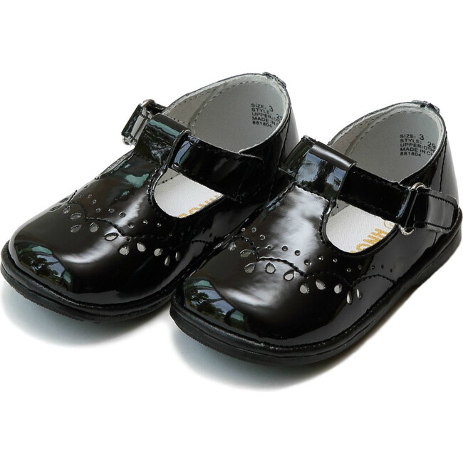 Baby Birdie Leather T-Strap Stitched Mary Jane, Patent Black