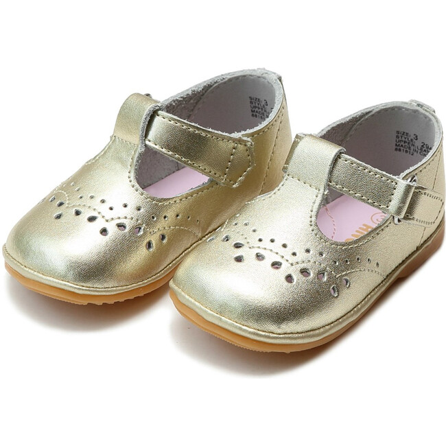 Baby Birdie Leather T-Strap Stitched Mary Jane, Gold