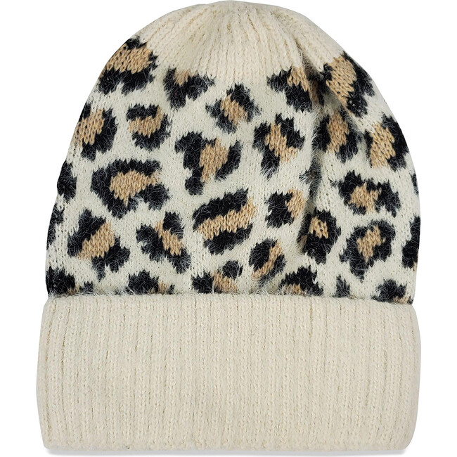 Women's Leopard Knit Beanie , Ivory - Hats - 1