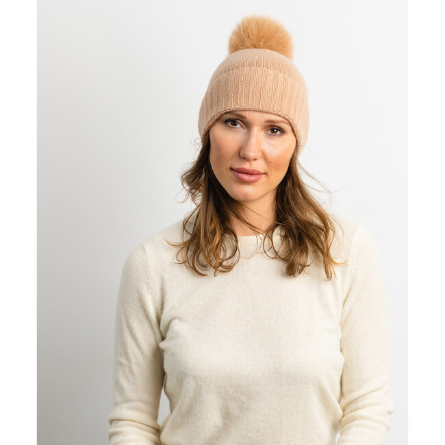 Women's Cashmere Slouchy Cuff Beanie w Faux Fur Pom, Nude - Hats - 2