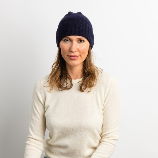 Women's Cashmere Slouchy Cuff Beanie, Navy