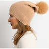 Women's Cashmere Slouchy Cuff Beanie w Faux Fur Pom, Nude - Hats - 3 - thumbnail