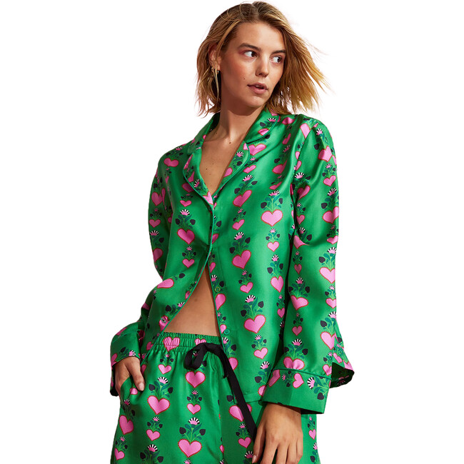 Women's Silk Pajama Shirt, Green Hearts