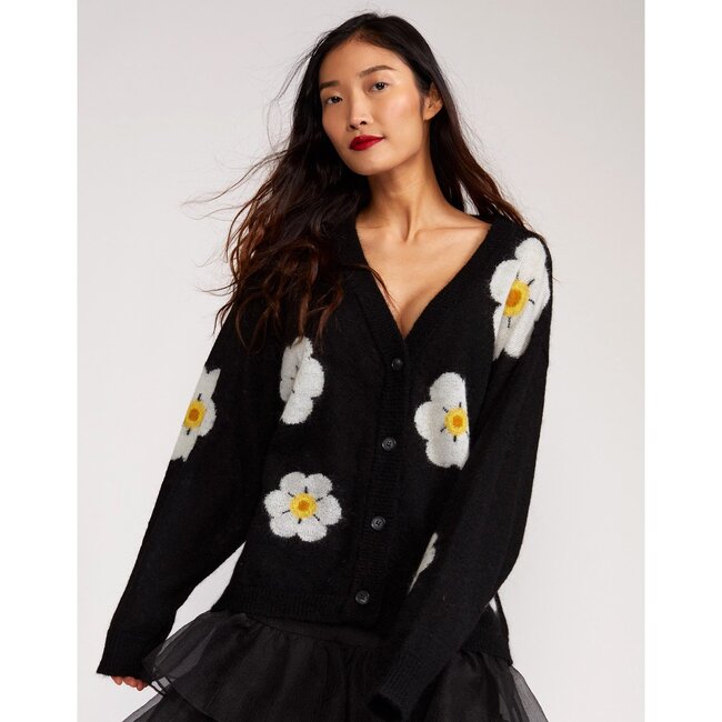Women's Intarsia Cardigan, Black with Flowers - Cardigans - 4