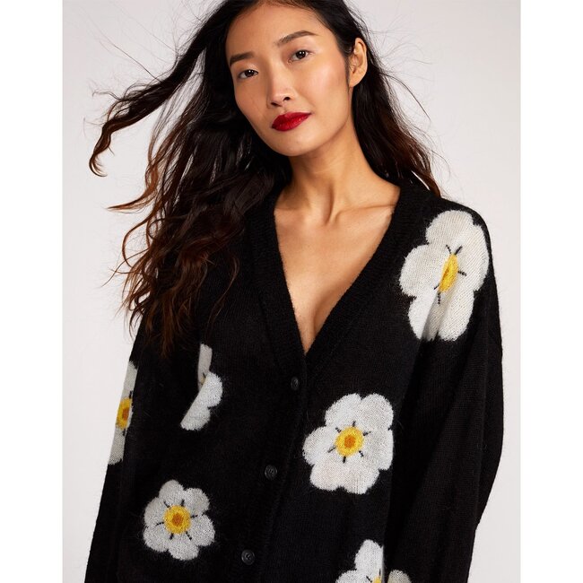 Women's Intarsia Cardigan, Black with Flowers - Cardigans - 6
