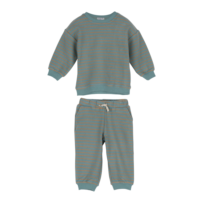 Baby Fuzzy Jones Sweat Set, Dusty Blue & Tan Stripe - Mixed Apparel Set - 1