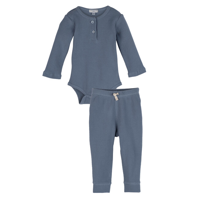 Baby Waffle Henley Set, Dusty Blue - Mixed Apparel Set - 1