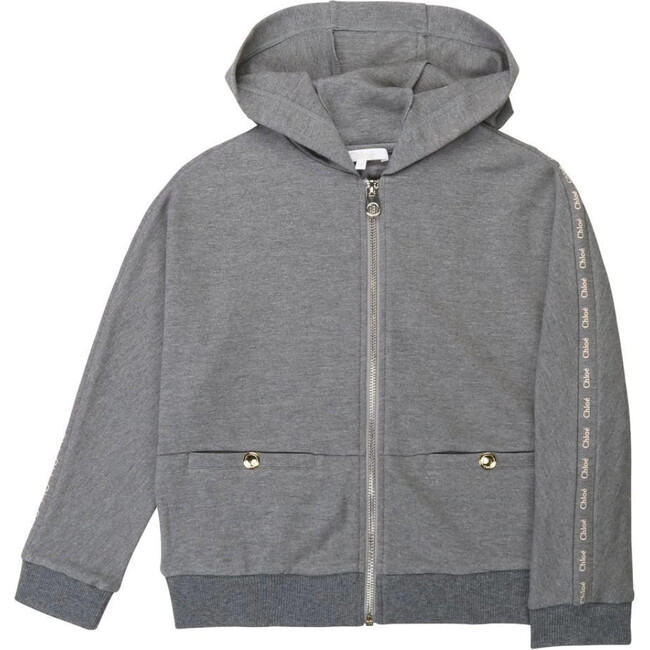 Zip up Hooded Jacket with Logo Sleeve, Grey - Sweatshirts - 1