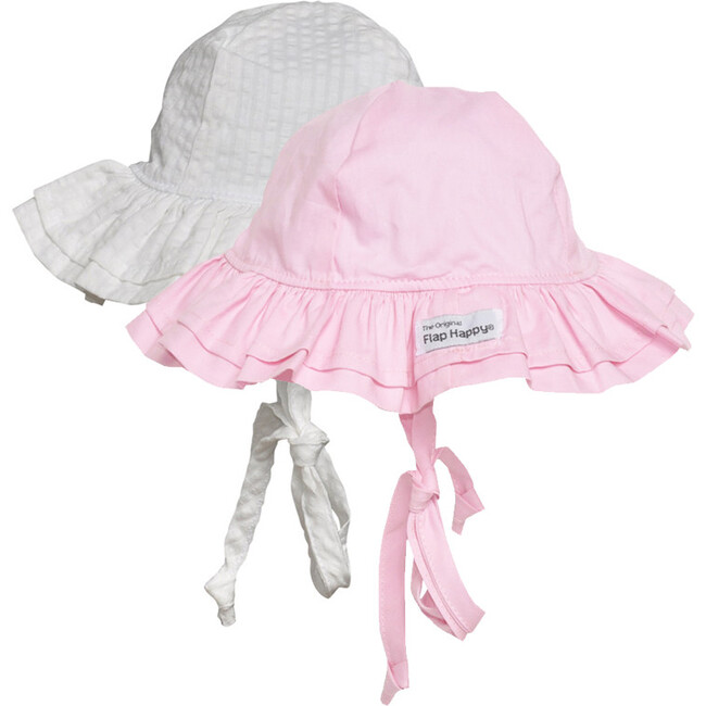 Double Ruffle Hat 2Pack, Vanilla Stripe Seersucker & Pastel Pink - Hats - 1