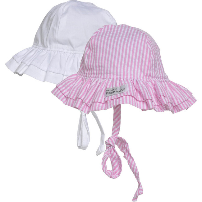 Double Ruffle Hat 2Pack, White & Pink Stripe Seersucker