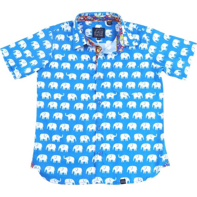 Erawan Elephants Short Sleeve Shirt, Turquoise - Shirts - 1
