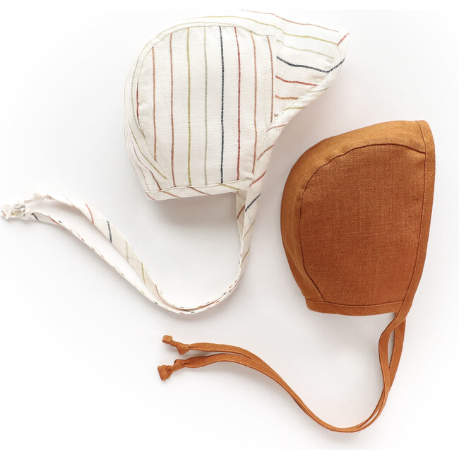 *Exclusive* Brimmed Sunset Stripe + Rust Linen Bonnet Set - Hats - 1