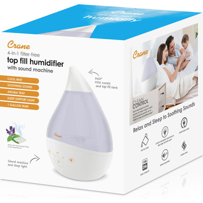 4 in 1 Top Fill 1 Gallon Cool Mist Humidifier Sound Machine, Clear & White - Humidifiers - 4