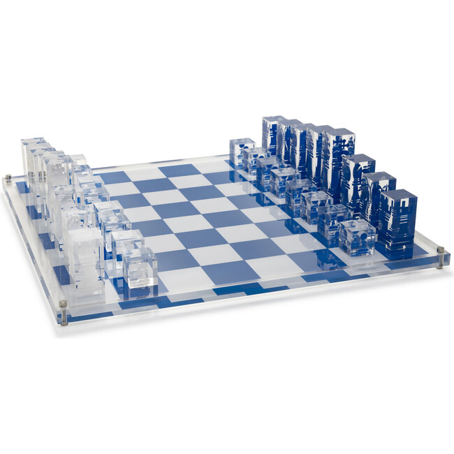 Acrylic Chess Set with White and Dark Blue Pieces