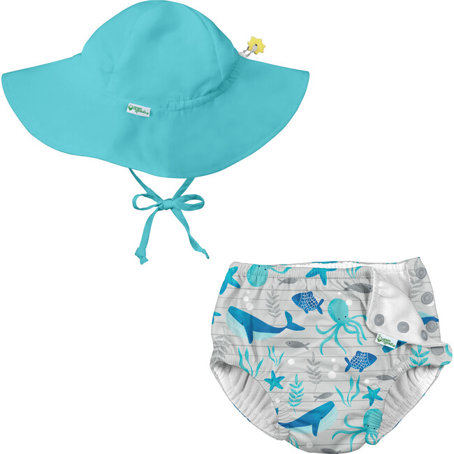Reusable Swim Diaper & Sun Hat Set, Gray Undersea - Mixed Accessories Set - 1