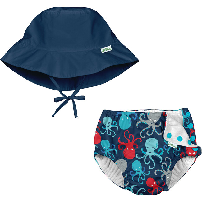 Reusable Swim Diaper & Sun Hat Set, Navy Octopus - Mixed Accessories Set - 1