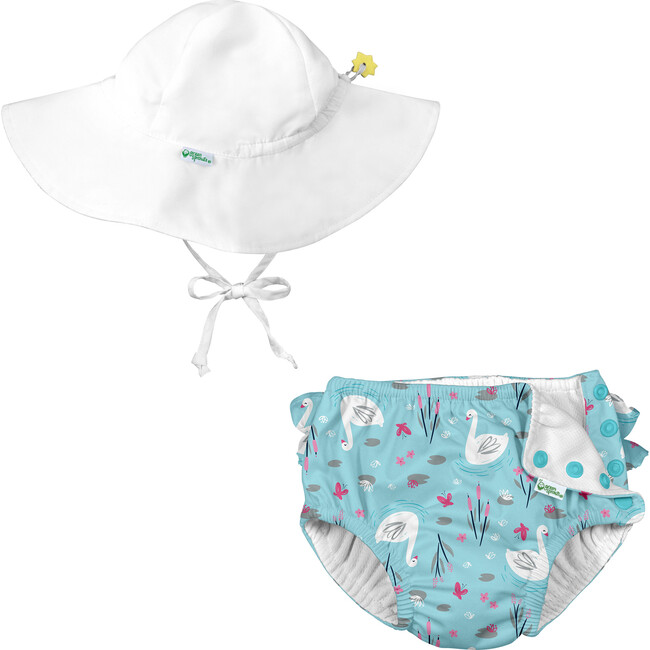 Reusable Swim Diaper & Sun Hat Set - Light Aqua Swan - Mixed Accessories Set - 1 - zoom