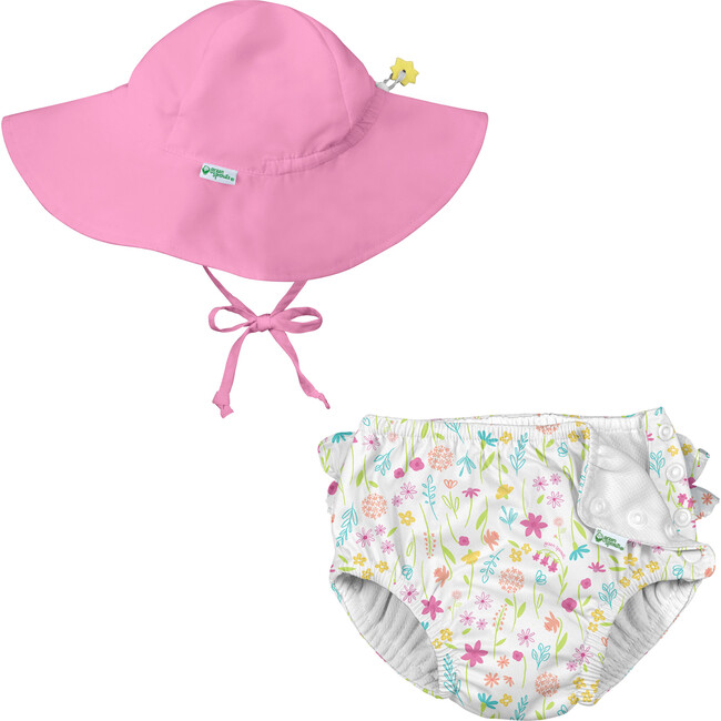 Reusable Swim Diaper & Sun Hat Set, White Wildflowers