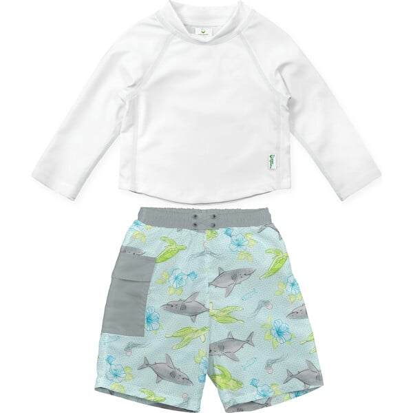 Pocket Trunks And Reusable Swim Diaper And Rashguard Set Light Aqua Shark