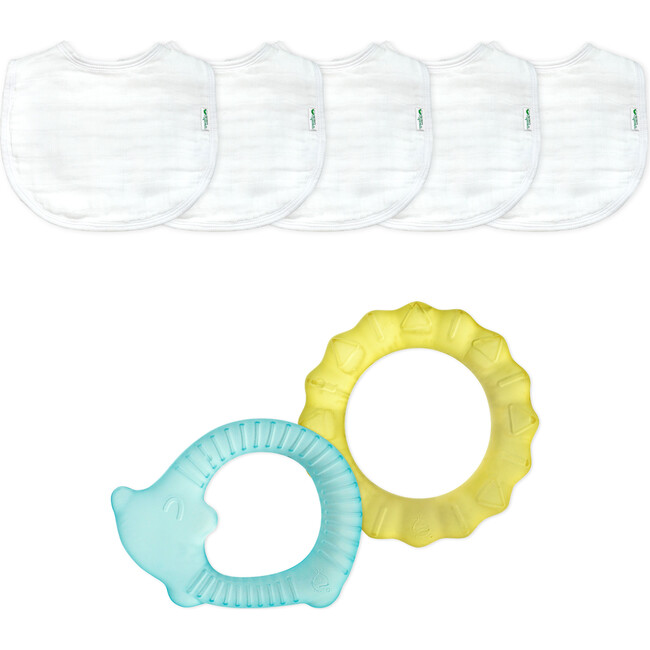 Muslin Organic Cotton Bibs (5 pack) & Cool Nature Teether Set - Developmental Toys - 1