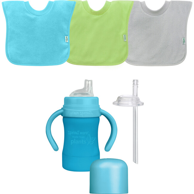 Stay-dry Toddler Bib & Sprout Ware Cup Set, Aqua - Bibs - 1