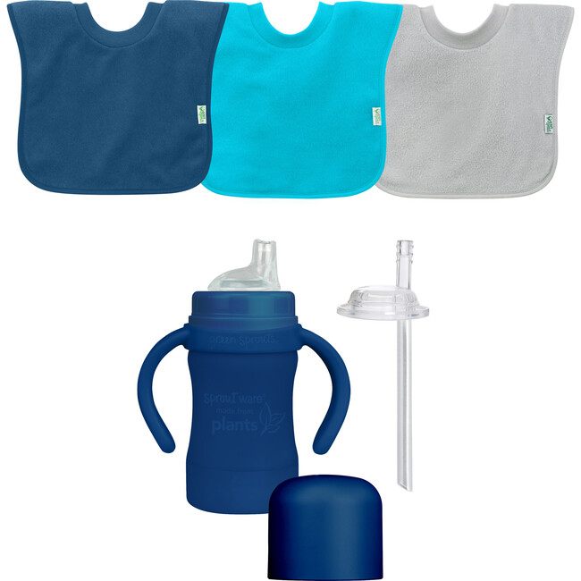 Stay-dry Toddler Bib & Sprout Ware Cup Set, Navy - Bibs - 1