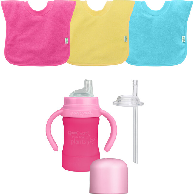Stay-dry Toddler Bib & Sprout Ware Cup Set, Pink - Bibs - 1
