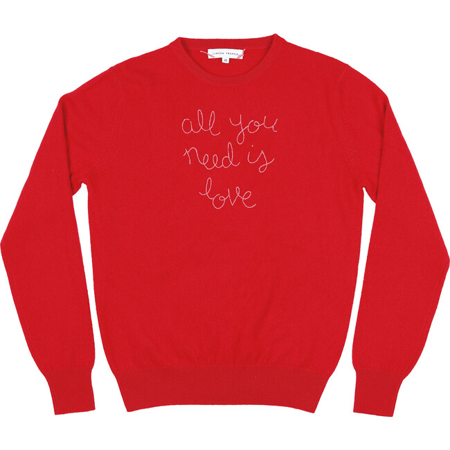 Womens Red Crewneck, Orchid Embroidered "all you need is love"