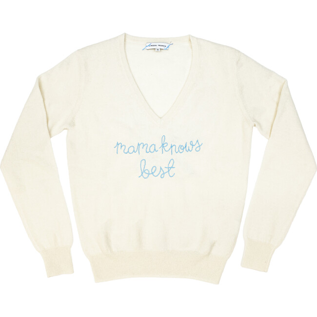 Womens Cream V-Neck Crewneck, Sky Embroidered "mama knows best" - Sweaters - 1