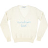 Womens Cream V-Neck Crewneck, Sky Embroidered "mama knows best" - Sweaters - 1 - thumbnail