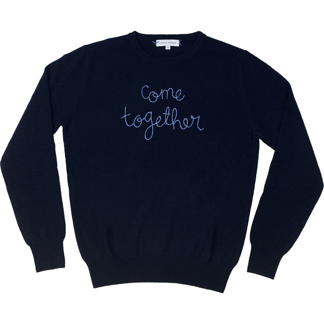 Womens Navy Crewneck, Cornflower Embroidered "come together" - Sweaters - 1