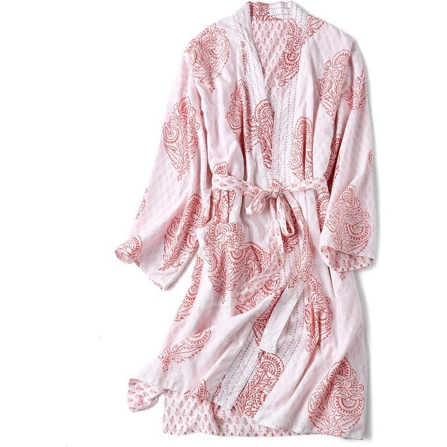 Block-Printed Cotton Women's Robe, Pink City