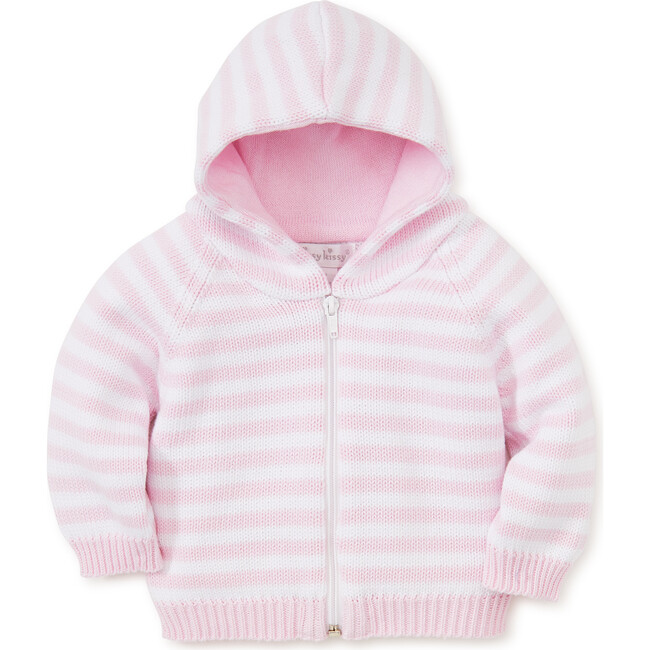 Rugby Stripe Knit Hooded Cardigan, Pink - Sweaters - 1