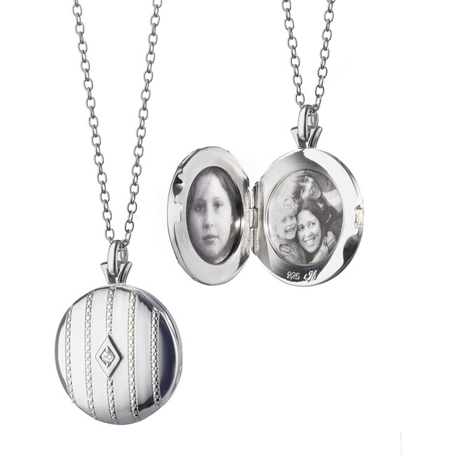 Sterling Silver Round Beaded Locket with Center White Diamond - Necklaces - 1