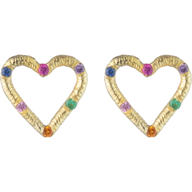 *Exclusive* Mini Heart Stud Earrings, 18K Yellow Gold & Precious Stones - Earrings - 1