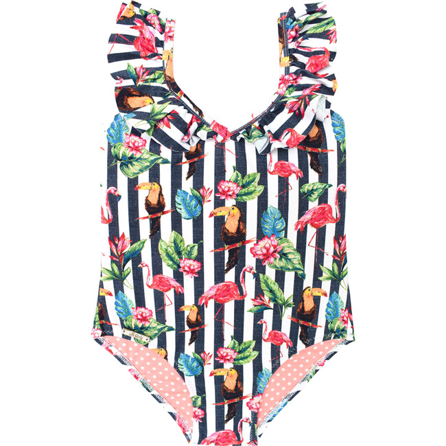 Hoola Girls One Piece Swimsuit, Tropical Navy Stripes - One Pieces - 1