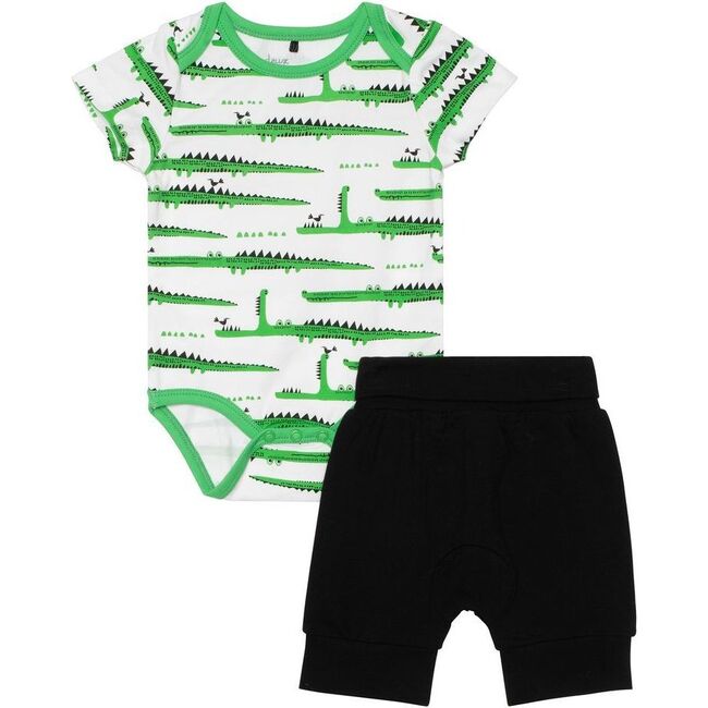 Striped Croc Bodysuit & Pant Set, Green - Mixed Apparel Set - 1