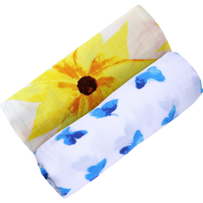 Organic Muslin Swaddle Gift Set, Glowing Garden (Sunflower + Blue Butterfly) - Swaddles - 1