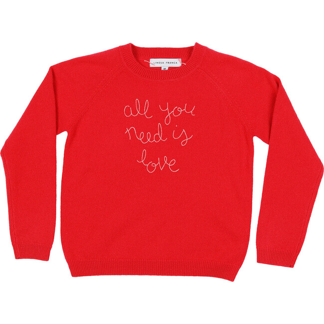 Red Crewneck, Orchid Embroidered "all you need is love"