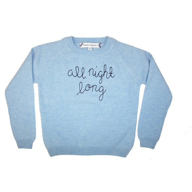 Sky Crewneck, Navy Embroidered "all night long"