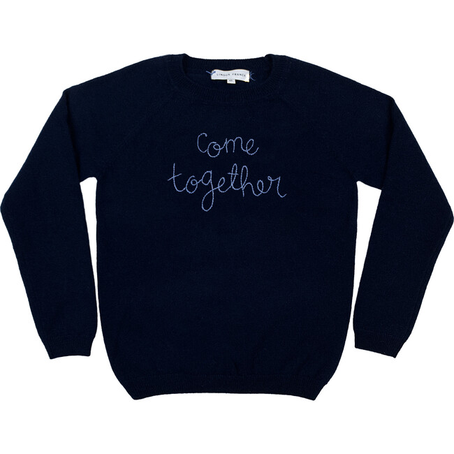 Navy Crewneck, Cornflower Embroidered "come together" - Sweaters - 1