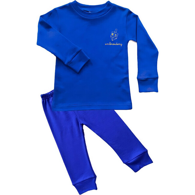 Little Kid Hanukkah Dreidel Embroidery Pajama Set, Blue