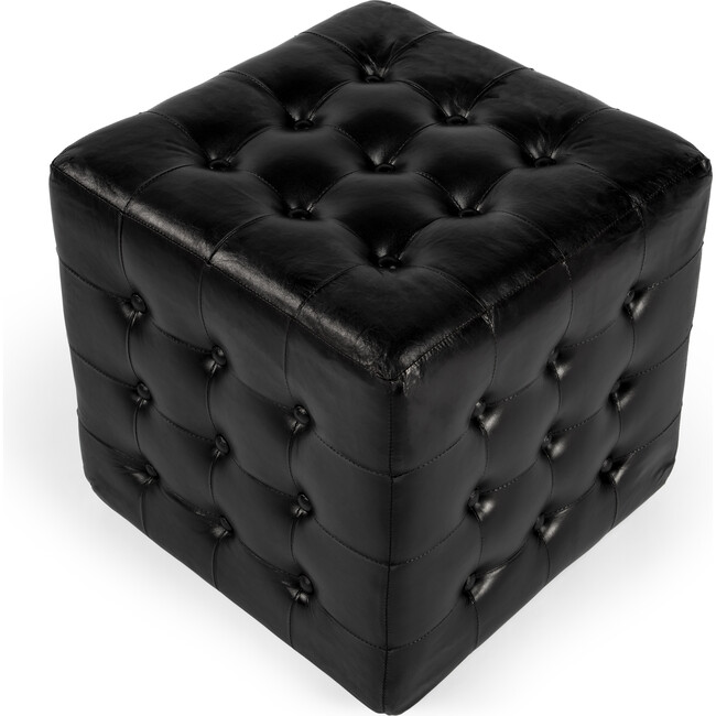 Leon Black Leather Ottoman, Black - Ottomans - 4
