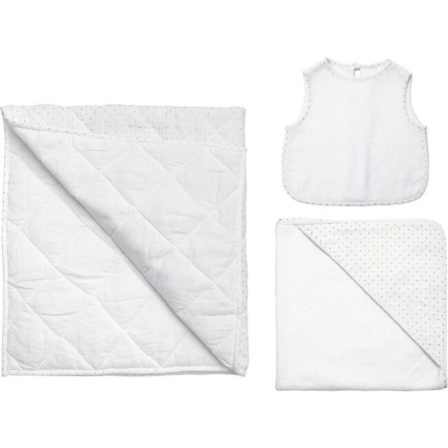 Gift Set Play Mat Hooded Towel & Apron Bib, Gold Dot